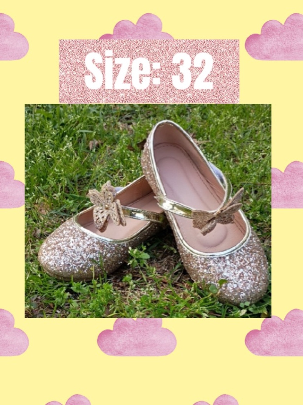 Sparkling Gold Kids Dress Shoes with Butterfly Detail